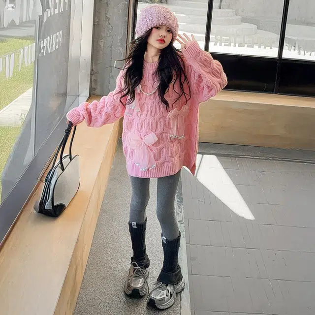 俞兆林毛衣 女童蝴蝶结珍珠秋冬季小女孩甜美风儿童针织衫