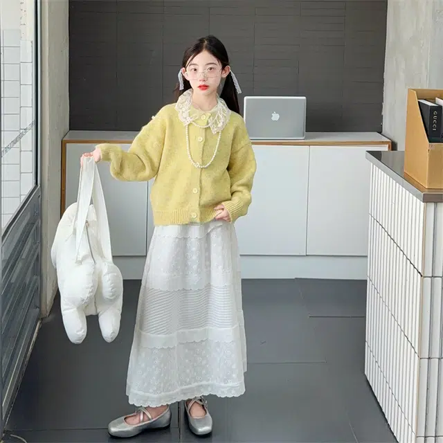 儿童款 俞兆林裙装套装 女童韩版长袖针织衫秋冬洋气简约百搭时尚舒适开衫上衣毛衣蛋糕裙高腰设计温柔休闲优雅纯色