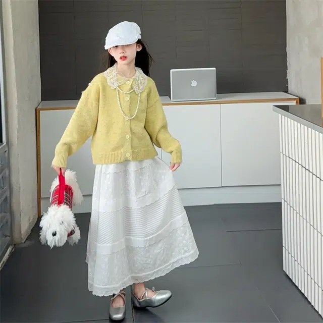 儿童款 俞兆林裙装套装 女童韩版长袖针织衫秋冬洋气简约百搭时尚舒适开衫上衣毛衣蛋糕裙高腰设计温柔休闲优雅纯色