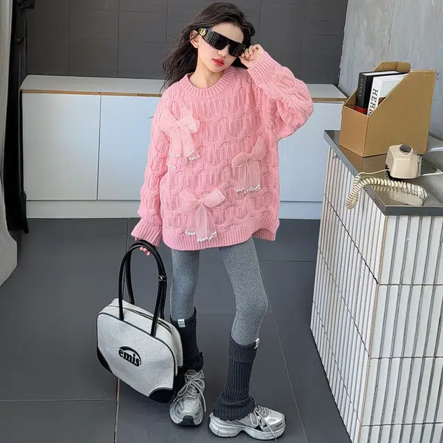 俞兆林毛衣 女童蝴蝶结珍珠秋冬季小女孩甜美风儿童针织衫