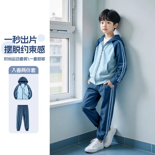 俞兆林休闲运动套装 儿童春秋款中大童连帽开衫卫衣时髦撞色男童外套