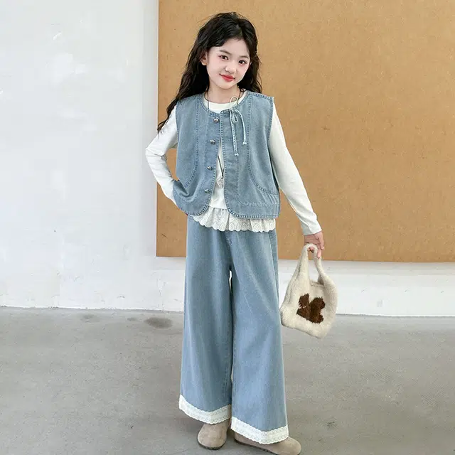 俞兆林休闲运动套装 女童秋装洋气儿童牛仔马甲阔腿裤中大童春秋款三件套