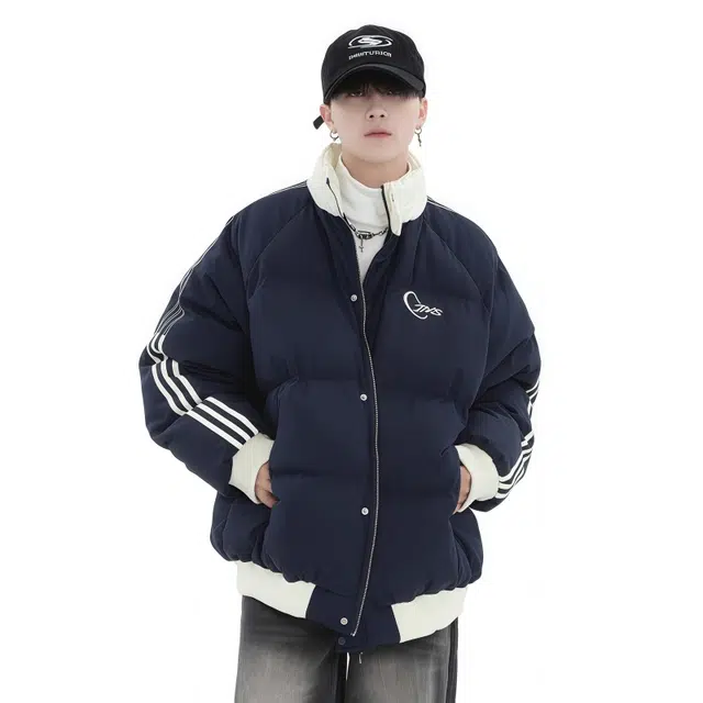 水田夏 国潮拼色侧边条纹棉衣男女秋冬季加厚情侣装面包服外套棉服 男款