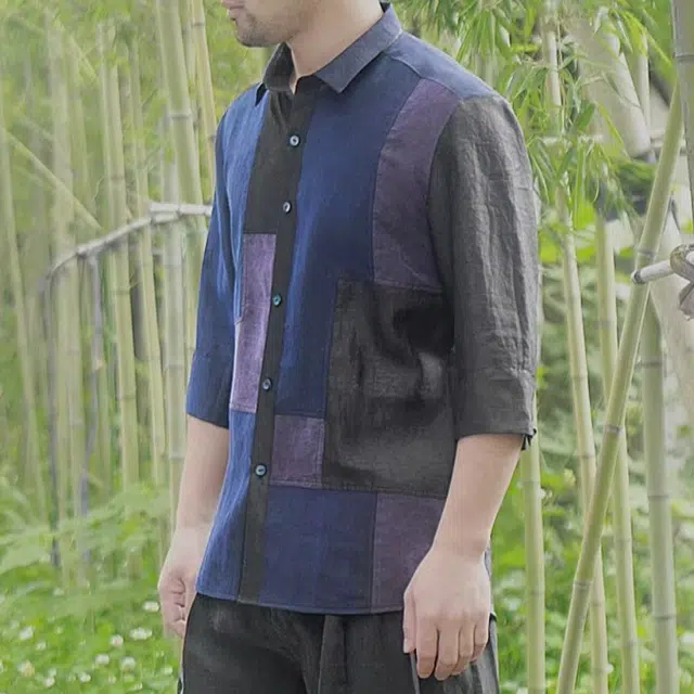 水田夏 香云纱男休闲宽松长袖真丝桑蚕丝衬衫 男款