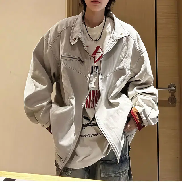 水田夏 美式复古男春秋款高级感痞帅底特律立领牛仔外套 男款