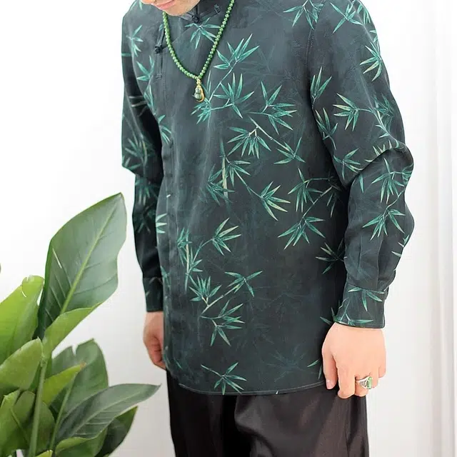 水田夏 香云纱年轻款竹叶暗纹新中式立领男士小众休闲长袖衬衫 男款