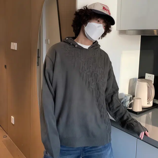水田夏 错位编织设计感连帽男秋冬季小众宽松慵懒风休闲纯色套头帽衫针织衫 男款