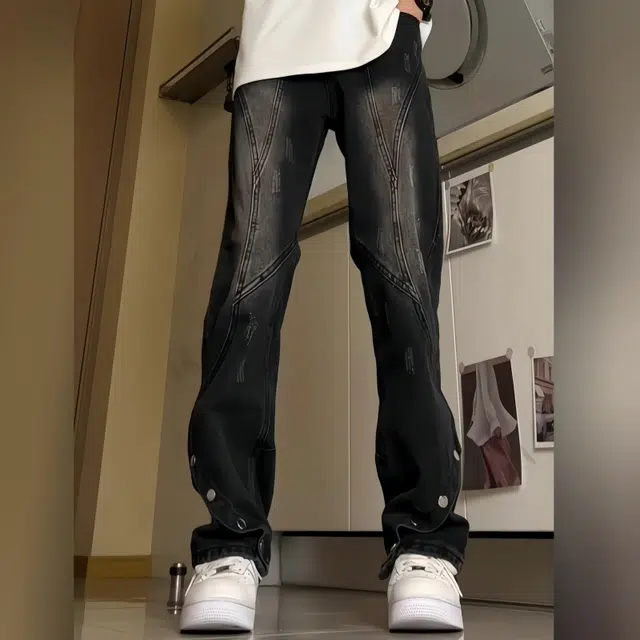 水田夏 潮常规日常春秋直筒青少年水洗美式高街复古排扣微喇男长裤牛仔裤 男款