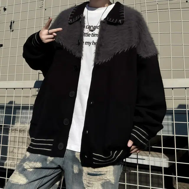 水田夏 韩式撞色拼接开衫外套秋冬季潮流小众设计感宽松休闲针织衫 男款