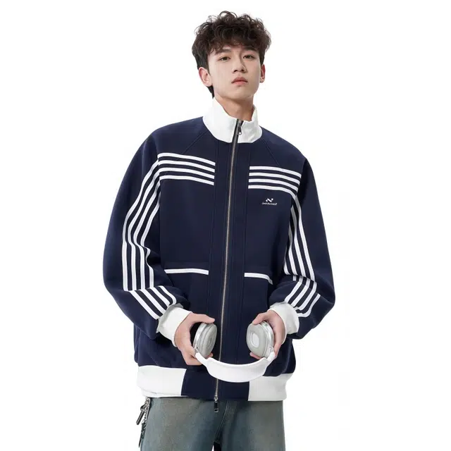 水田夏 美式条纹撞色户外男秋高街潮牌复古外套小众宽松休闲立领上衣夹克 男款
