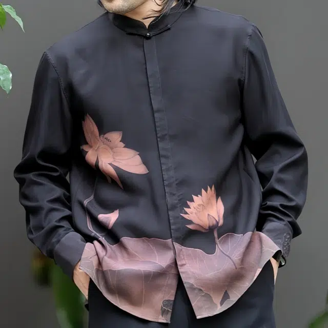 水田夏 香云纱男春秋加厚真丝长袖休闲中式立领盘扣上衣衬衫 男款