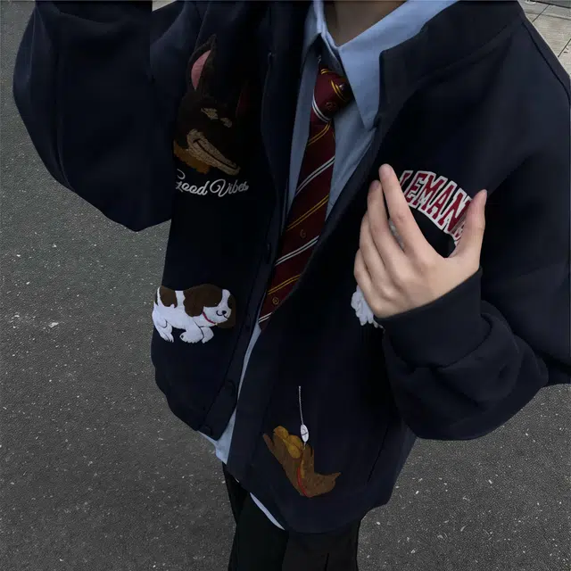 水田夏  潮牌刺绣男秋美式卡通小狗情侣卫衣高街设计感痞帅夹克外套棒球服 男女同款