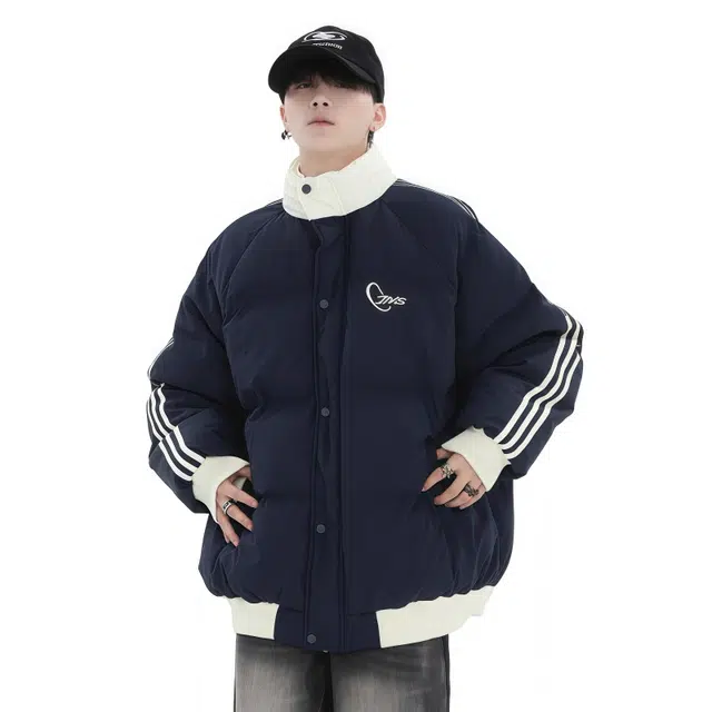 水田夏 国潮拼色侧边条纹棉衣男女秋冬季加厚情侣装面包服外套棉服 男款