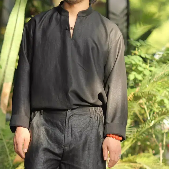 水田夏 香云纱男龟裂纹立领休闲宽松长袖真丝桑蚕丝春夏 衬衫 男款