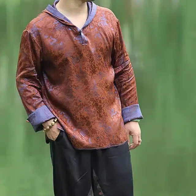 水田夏 设计男装中国风汉服中式复古连帽宋锦提花长袖衬衫 男款