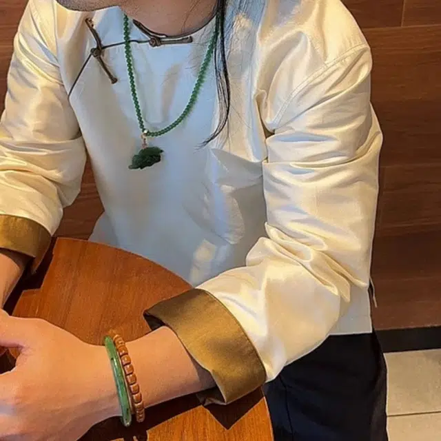水田夏 男士新中式桑蚕丝国风盘扣圆领上衣春秋衬衫 男款