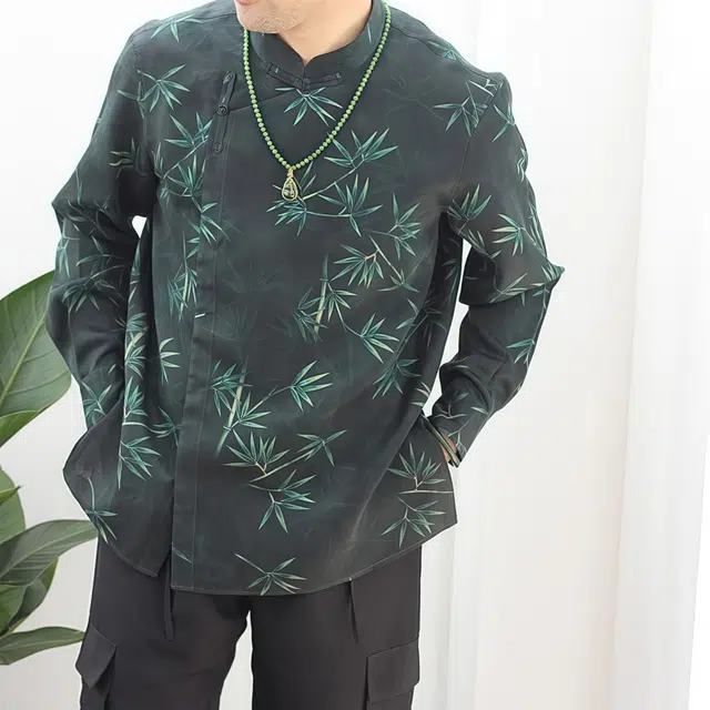 水田夏 香云纱年轻款竹叶暗纹新中式立领男士小众休闲长袖衬衫 男款