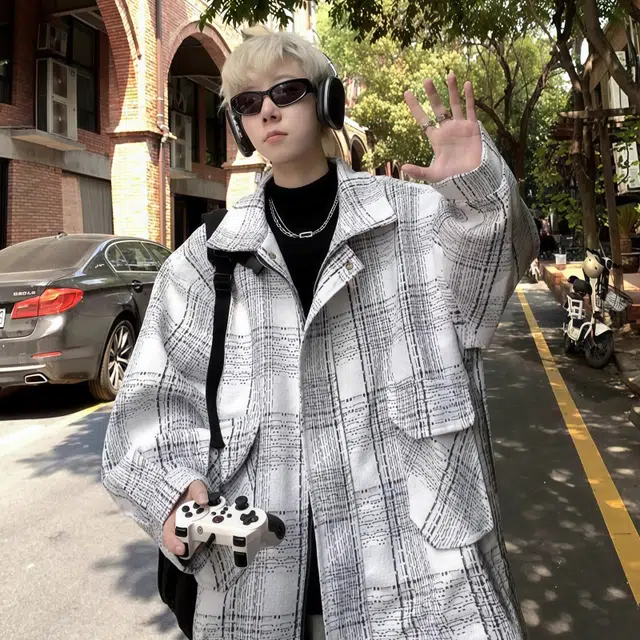 水田夏 格子外套男秋冬季羊羔绒时尚男装男生春秋季港风男士秋装夹克 男款