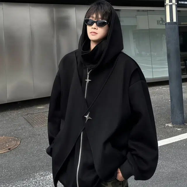 水田夏 美式假两件重磅高街连帽卫衣 男款