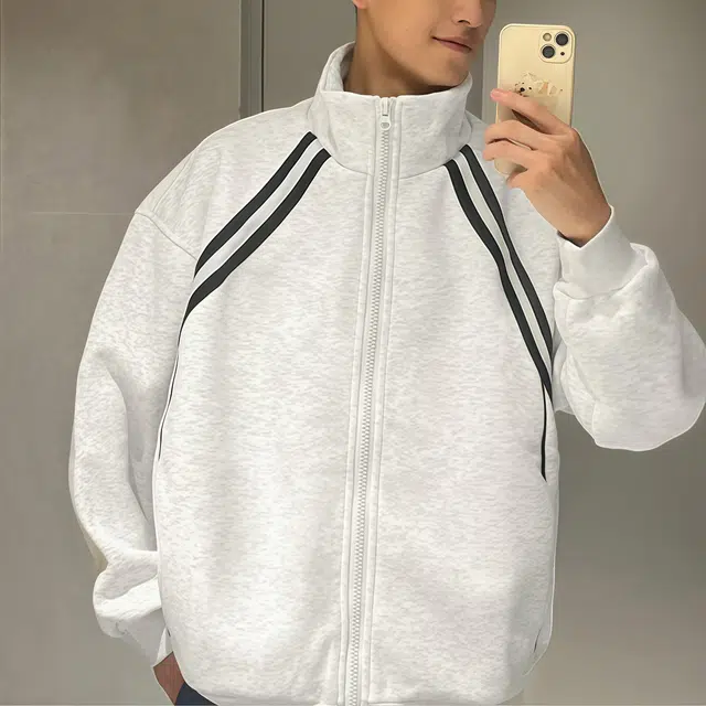 水田夏 美式设计感拼接条纹纯色立领男百搭宽松情侣开衫外套卫衣 男款