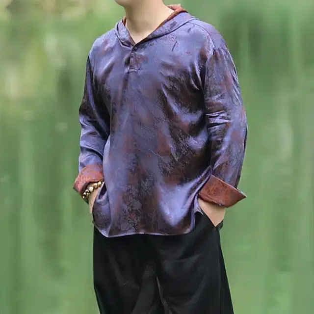 水田夏 设计男装中国风汉服中式复古连帽宋锦提花长袖衬衫 男款