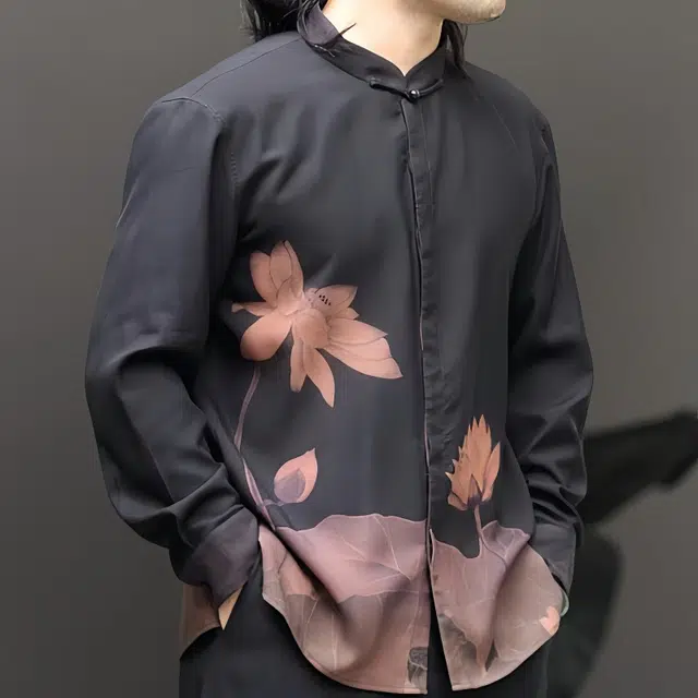 水田夏 香云纱男春秋加厚真丝长袖休闲中式立领盘扣上衣衬衫 男款