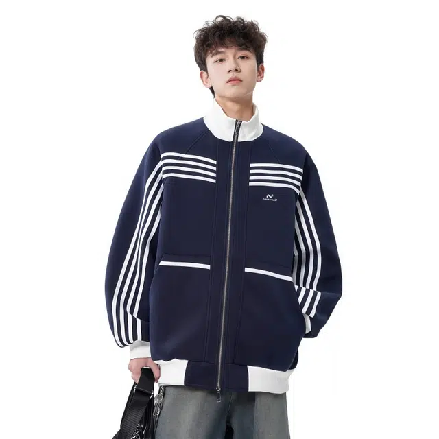 水田夏 美式条纹撞色户外男秋高街潮牌复古外套小众宽松休闲立领上衣夹克 男款