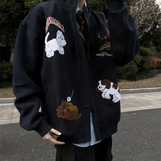 水田夏  潮牌刺绣男秋美式卡通小狗情侣卫衣高街设计感痞帅夹克外套棒球服 男女同款