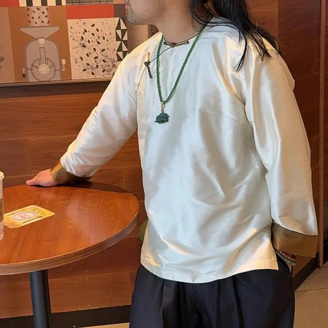 水田夏 男士新中式桑蚕丝国风盘扣圆领上衣春秋衬衫 男款