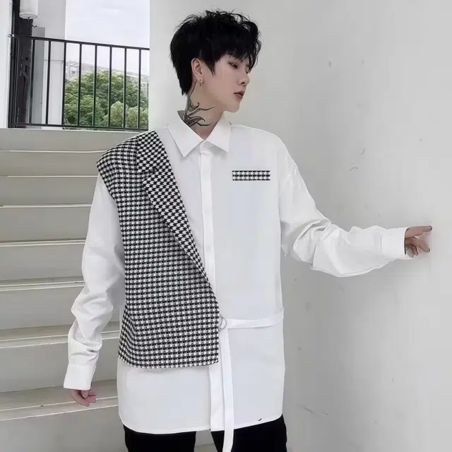 水田夏 宽松型青少年秋季长袖日系原宿假两件外套男韩版潮百搭格子衬衫 男款