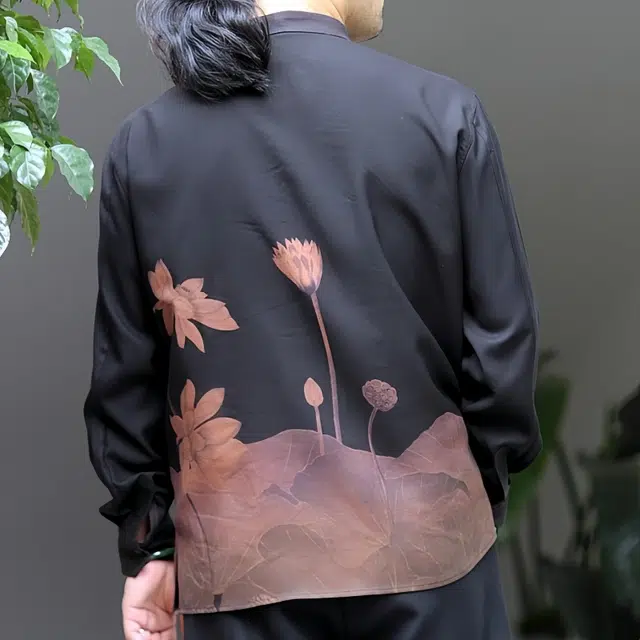 水田夏 香云纱男春秋加厚真丝长袖休闲中式立领盘扣上衣衬衫 男款
