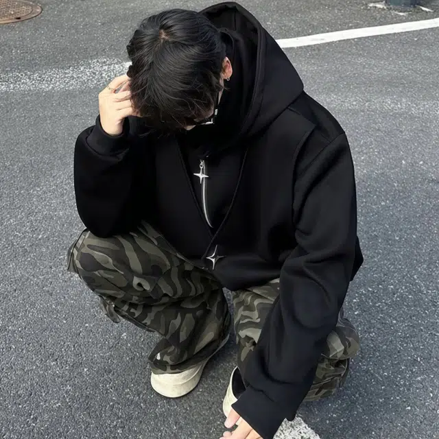 水田夏 美式假两件重磅高街连帽卫衣 男款