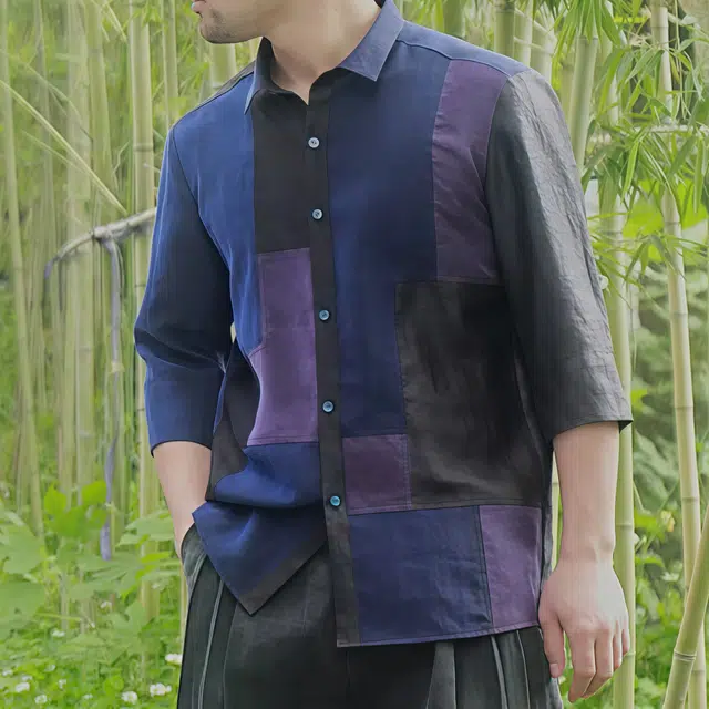水田夏 香云纱男休闲宽松长袖真丝桑蚕丝衬衫 男款