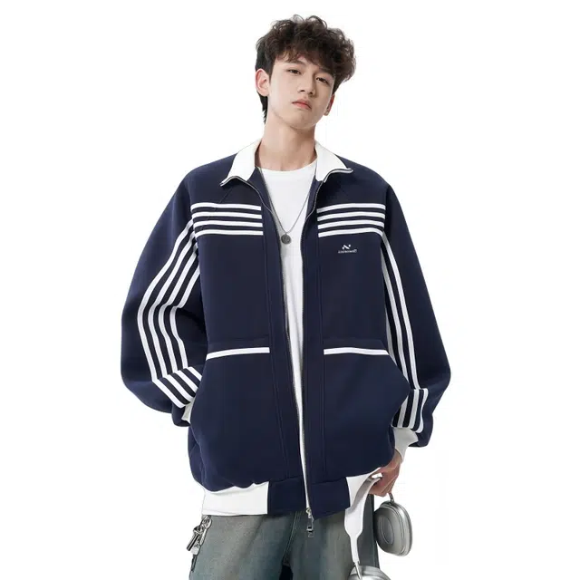 水田夏 美式条纹撞色户外男秋高街潮牌复古外套小众宽松休闲立领上衣夹克 男款