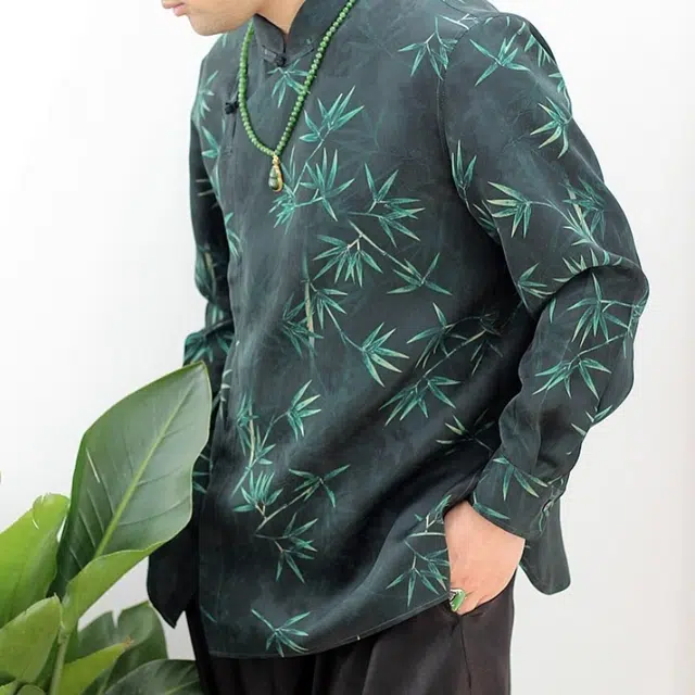 水田夏 香云纱年轻款竹叶暗纹新中式立领男士小众休闲长袖衬衫 男款