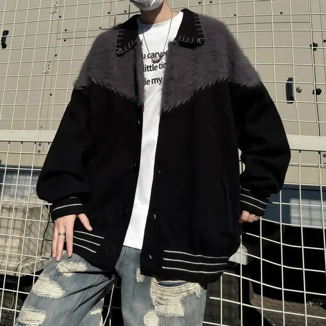 水田夏 韩式撞色拼接开衫外套秋冬季潮流小众设计感宽松休闲针织衫 男款