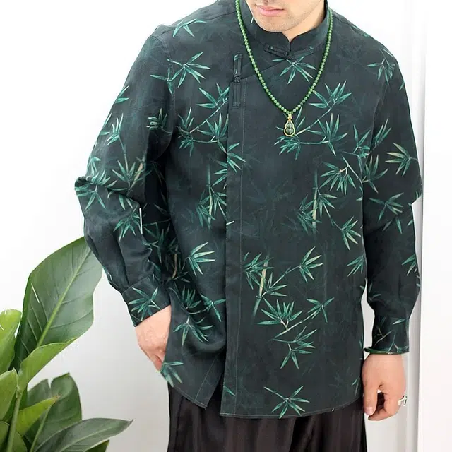 水田夏 香云纱年轻款竹叶暗纹新中式立领男士小众休闲长袖衬衫 男款