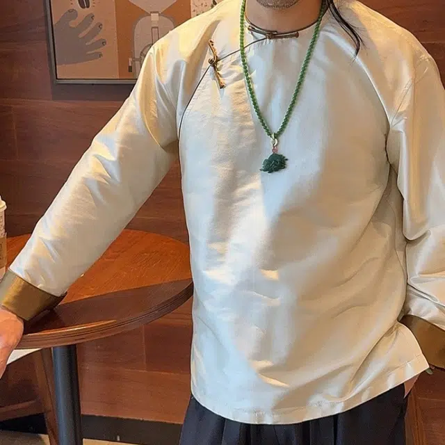 水田夏 男士新中式桑蚕丝国风盘扣圆领上衣春秋衬衫 男款