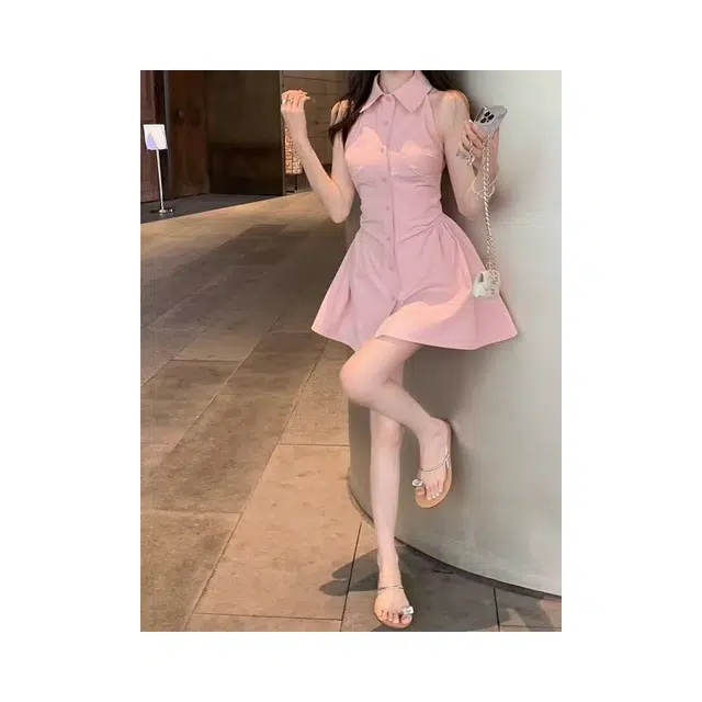 依钗 百搭时尚气质纯色清新无袖连衣裙 女款