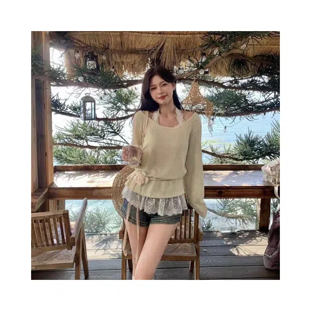 依钗 韩系甜美收腰显瘦拼接假两件挂脖长袖针织衫 女款