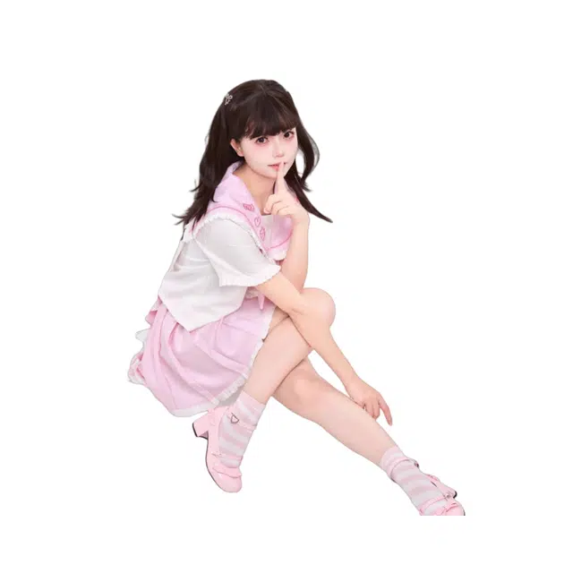 依钗 学院风甜美海军领蝴蝶结短袖上衣围裙设计半身裙减龄两件套萝莉装 女款