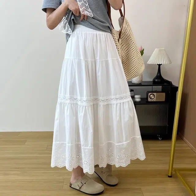 依钗 蕾丝花边拼接垂感字半身裙休闲长裙 女款
