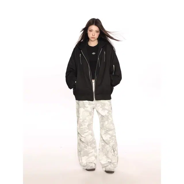 洞洞拐 飞行员假两件连帽外套女春秋高级感痞帅情侣棒球服夹克 男女同款