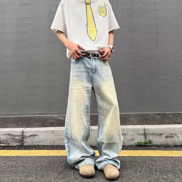 洞洞拐 美式复古水洗染直筒文艺潮流时尚简约百搭牛仔裤 男女同款
