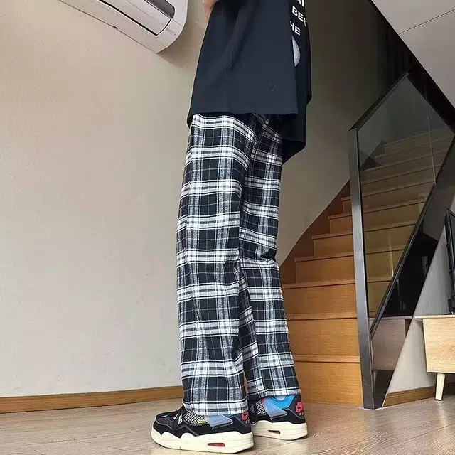 洞洞拐 黑白格子裤子直筒微喇美式高街宽松阔腿休闲裤 男女同款