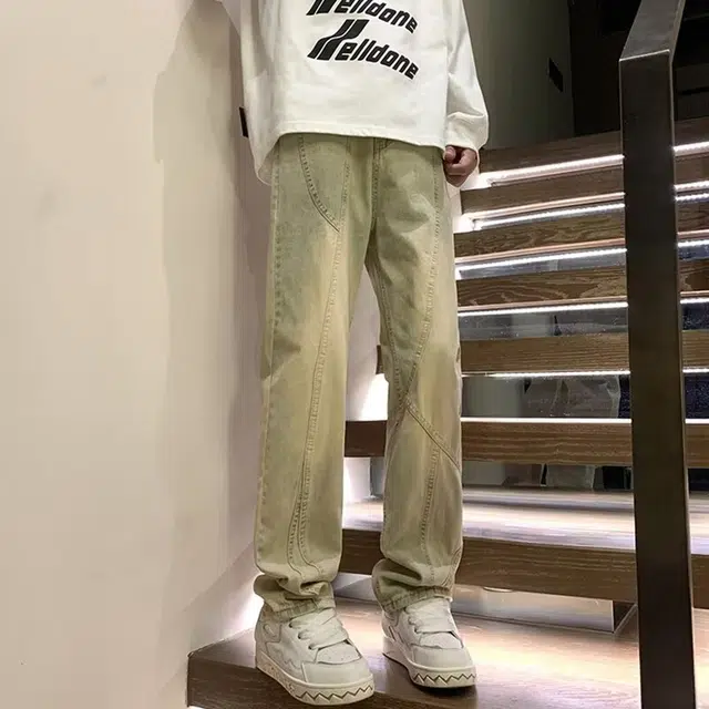 洞洞拐 美式高街水洗做旧时尚风拼接直筒高腰复古百搭潮流黄泥染阔腿裤牛仔裤 男女同款