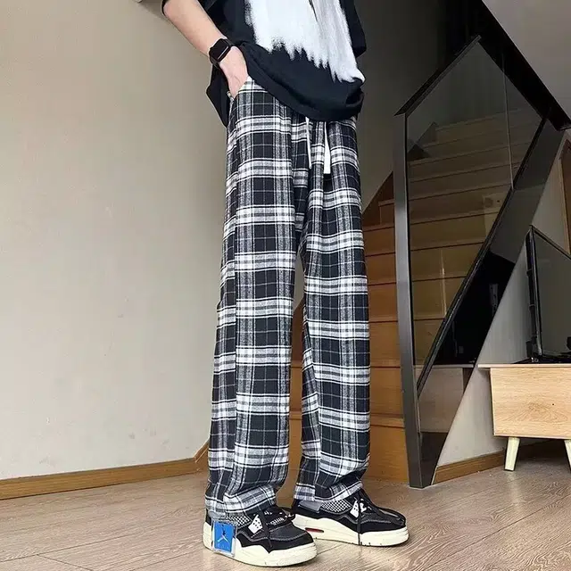 洞洞拐 黑白格子裤子直筒微喇美式高街宽松阔腿休闲裤 男女同款