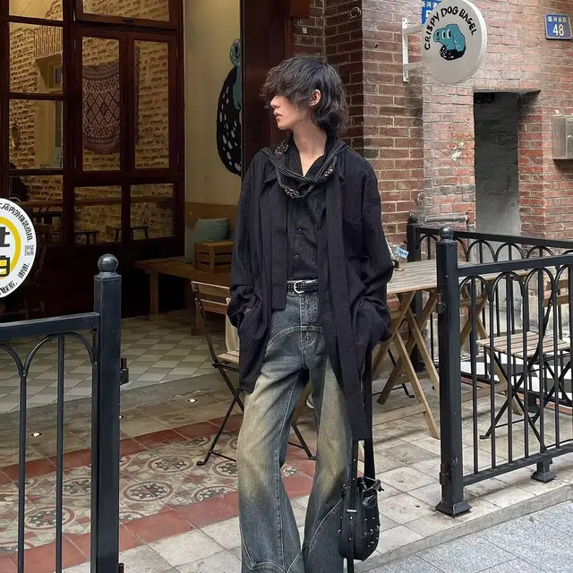 洞洞拐 美式复古水洗微喇直筒宽松阔腿裤小众设计感解构裤牛仔裤 男女同款