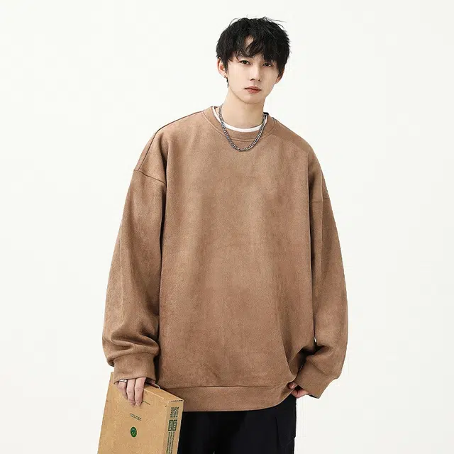 洞洞拐 麂皮绒重磅宽松大码内搭上衣服男生圆领长袖打底衫卫衣 男女同款