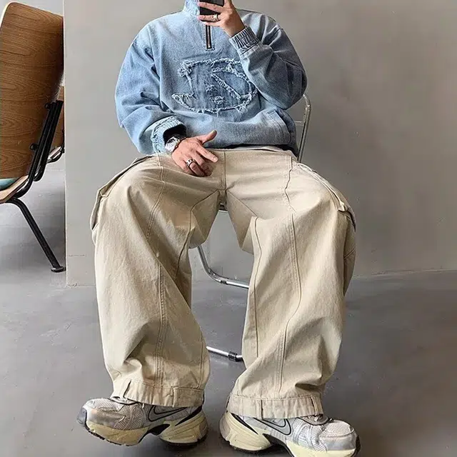 洞洞拐 美式复古水洗扎染贴布做旧宽松时尚落肩半拉链套头夹克牛仔外套 男女同款
